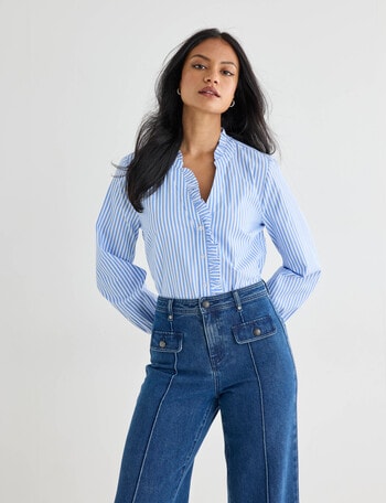 Whistle Long Sleeve Ruffle Shirt, Blue Stripe product photo