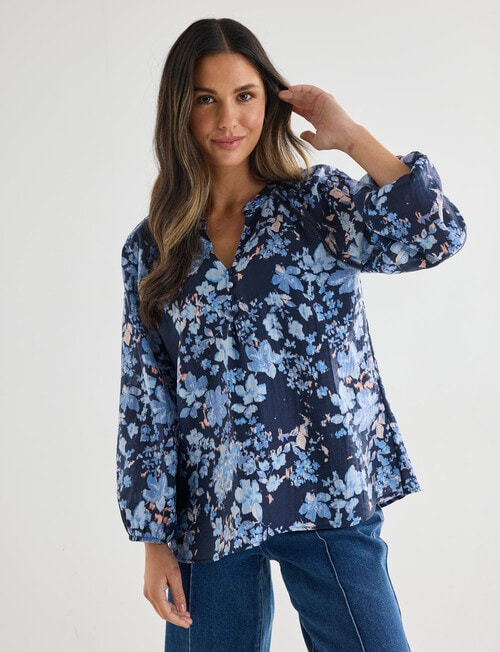 Whistle Floral Long Sleeve Ladder Trim Top, Navy product photo View 04 L