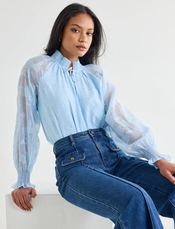Whistle Burnout Shirred Neck Top, Powder Blue product photo