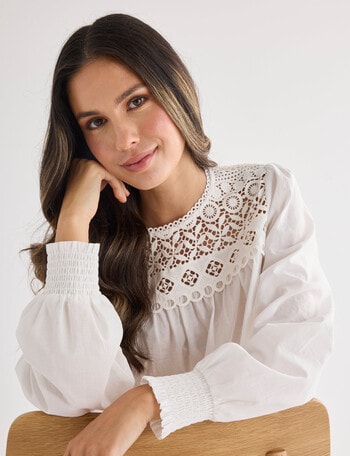 Whistle Lace Yoke Long Sleeve Blouse, Ivory product photo