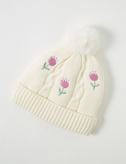 Teeny Weeny Knit Pompom Floral Beanie, Vanilla product photo