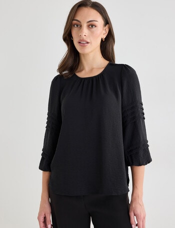 Oliver Black Three Quarter Sleeve Pleat Detail Top, Black product photo