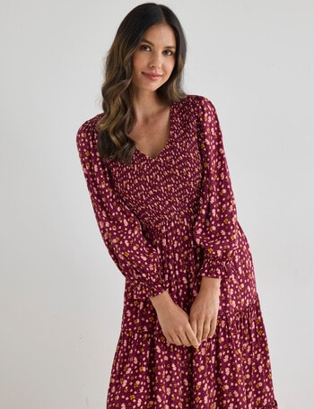 Whistle Shirred V Neck Midi Dress, Ditsy Floral Plum product photo