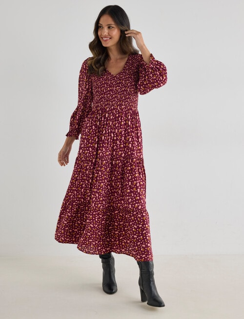 Whistle Shirred V Neck Midi Dress, Ditsy Floral Plum product photo View 03 L