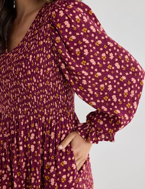 Whistle Shirred V Neck Midi Dress, Ditsy Floral Plum product photo View 05 L