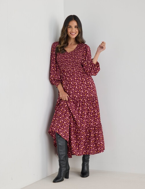 Whistle Shirred V Neck Midi Dress, Ditsy Floral Plum product photo View 06 L