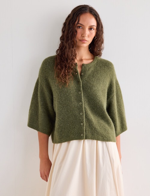 Mineral Beau Alpaca Blend Short Sleeve Cardigan, Winter Moss product photo View 05 L
