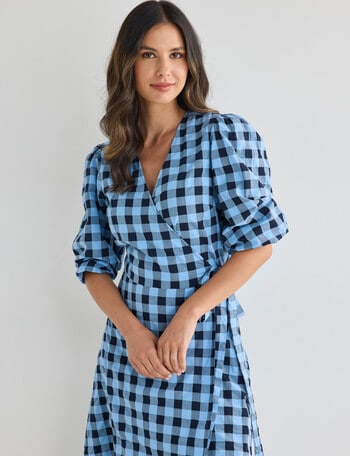 Whistle Wrap Midi Dress, Check Blue product photo