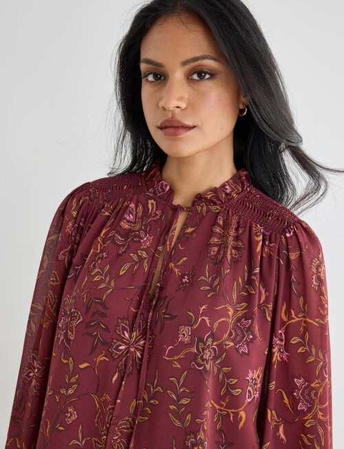 Whistle Three Quarter Sleeve Shirred Blouse, Deep Plum product photo