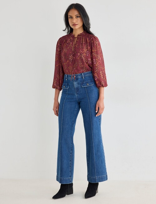 Whistle Three Quarter Sleeve Shirred Blouse, Deep Plum product photo View 03 L