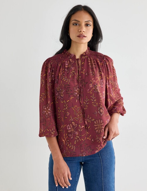 Whistle Three Quarter Sleeve Shirred Blouse, Deep Plum product photo View 04 L