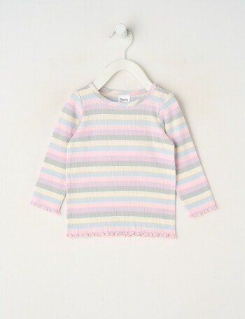 Teeny Weeny Swan Song Play Long-Sleeve Rib Stripe Tee, Pink & Cream & Blue & Grey product photo