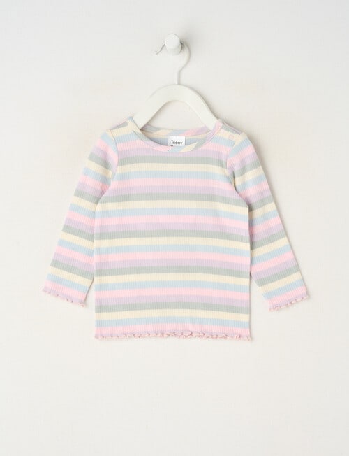 Teeny Weeny Swan Song Play Long-Sleeve Rib Stripe Tee, Pink & Cream & Blue & Grey product photo