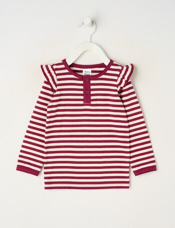 Teeny Weeny Swan Song Play Long-Sleeve Rib Frill Strip Tee, Cream & Cherry product photo