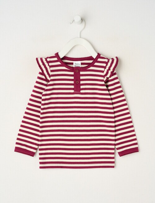 Teeny Weeny Swan Song Play Long-Sleeve Rib Frill Strip Tee, Cream & Cherry product photo