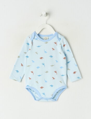 Little Bundle Stretch Cotton Long-Sleeve Dino Bodysuit, Blue product photo