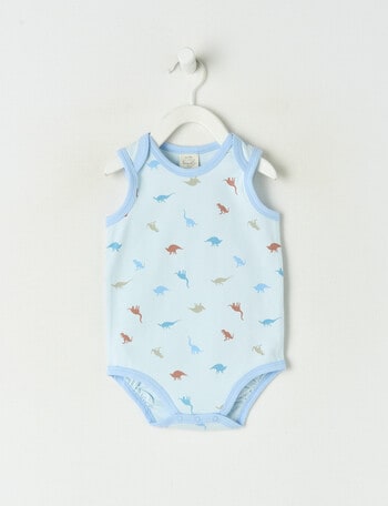 Little Bundle Stretch Cotton Sleeveless Dino Bodysuit, Blue product photo