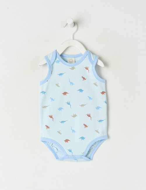 Little Bundle Stretch Cotton Sleeveless Dino Bodysuit, Blue product photo
