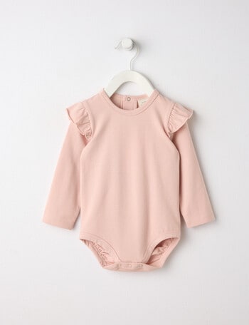 Little Bundle Essentials Stretch Cotton Long-Sleeve Frill Bodysuit, Pink product photo