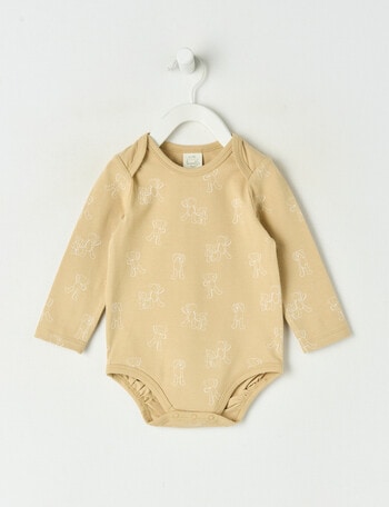Little Bundle Stretch Cotton Long-Sleeve Teddy Bodysuit, Beige product photo