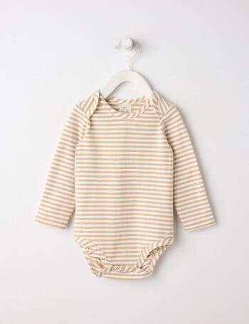 Little Bundle Essentials Stretch Cotton Long-Sleeve Stripe Bodysuit, Beige product photo