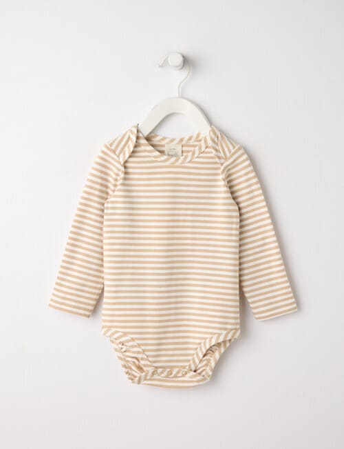 Little Bundle Essentials Stretch Cotton Long-Sleeve Stripe Bodysuit, Beige product photo
