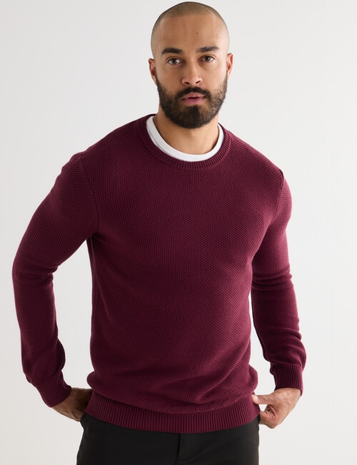 Gasoline Waffle Long Sleeve Crew Top, Burgundy - Knitwear