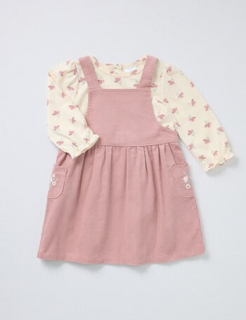 Teeny Weeny Swan Song Cord Pinny & Long-Sleeve Floral Tee Set, 2-Piece, Pink & Cream product photo