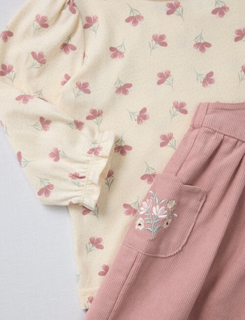 Teeny Weeny Swan Song Cord Pinny & Long-Sleeve Floral Tee Set, 2-Piece, Pink & Cream product photo View 04 L