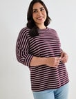 Studio Curve Supersoft 3/4 Sleeve Stripe Top, Wine & Cream product photo