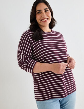 Studio Curve Supersoft 3/4 Sleeve Stripe Top, Wine & Cream product photo