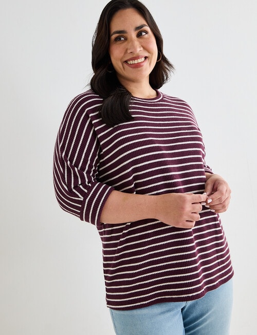 Studio Curve Supersoft 3/4 Sleeve Stripe Top, Wine & Cream product photo