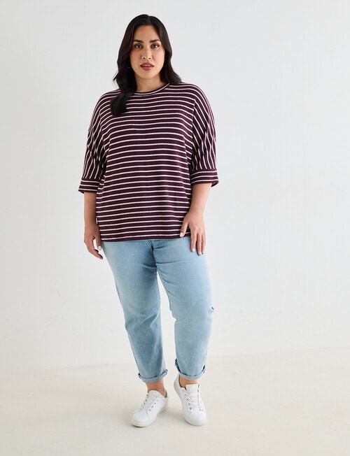 Studio Curve Supersoft 3/4 Sleeve Stripe Top, Wine & Cream product photo View 03 L