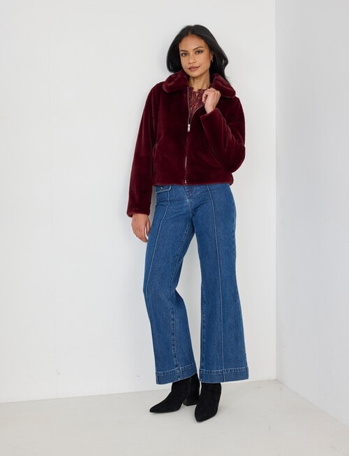Whistle Faux Fur Zip Up Jacket, Dark Cherry product photo View 03 L
