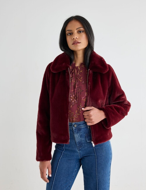 Whistle Faux Fur Zip Up Jacket, Dark Cherry product photo View 04 L