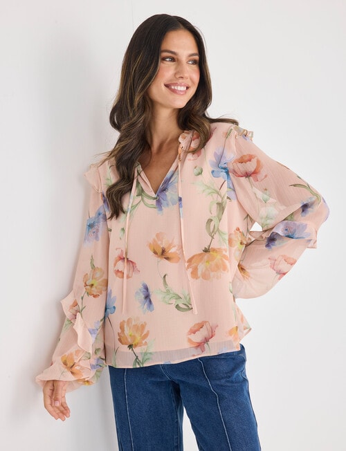 Whistle Floral Long Sleeve Ruffle Top, Peach Dusk product photo