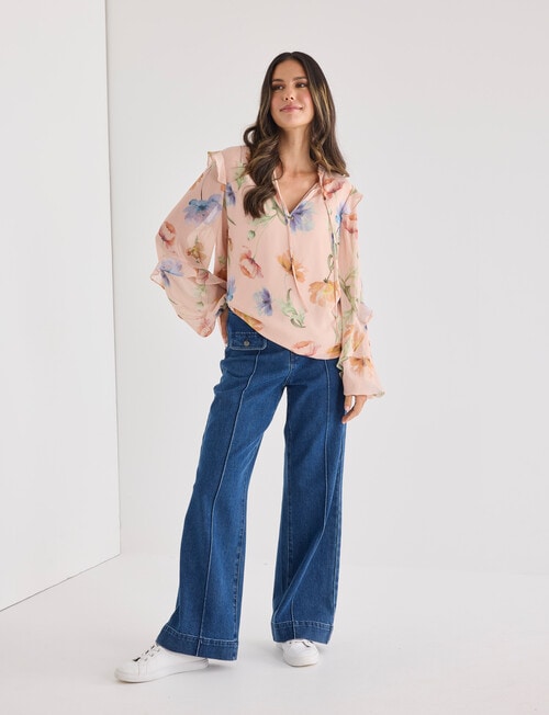 Whistle Floral Long Sleeve Ruffle Top, Peach Dusk product photo View 03 L