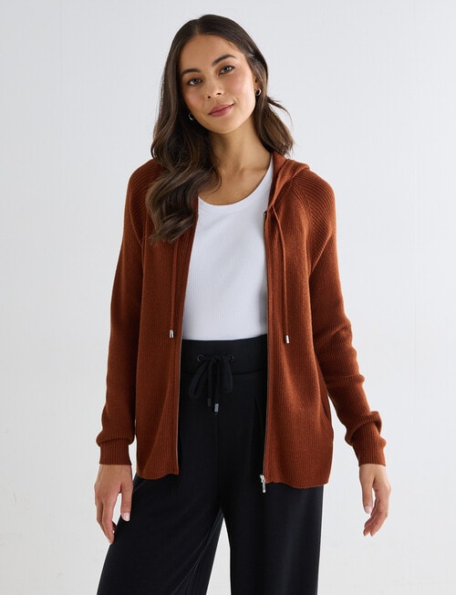 North South Merino Blend Ribbed Zip Thru Hoodie, Ginger Biscuit product photo