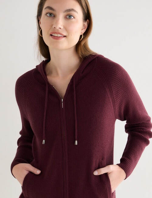 North South Merino Ribbed Zip Thru Hoodie, Cherry Lacquer product photo