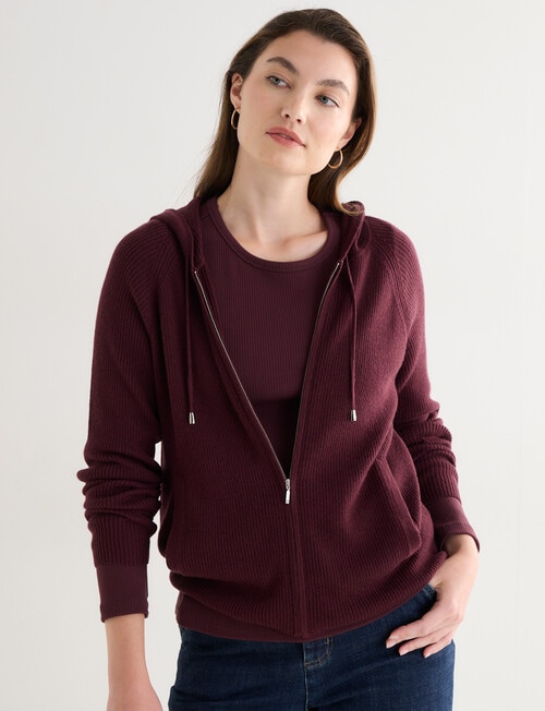 North South Merino Ribbed Zip Thru Hoodie, Cherry Lacquer product photo View 07 L