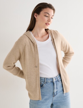 North South Merino Blend Ribbed Zip Thru Hoodie, Biscuit Melange product photo