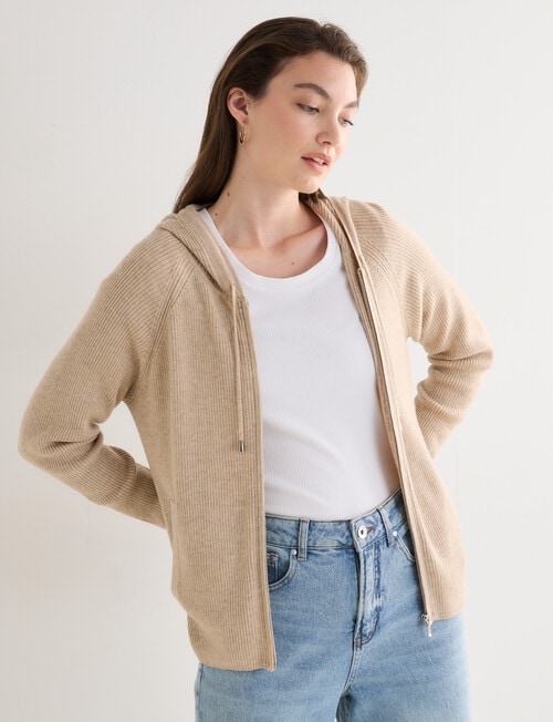 North South Merino Blend Ribbed Zip Thru Hoodie, Biscuit Melange product photo