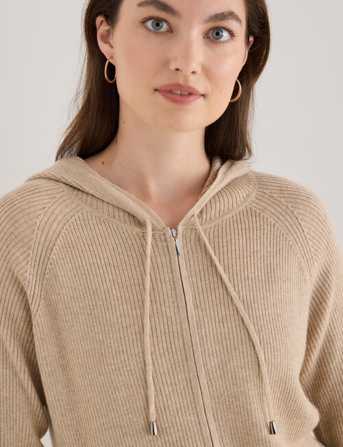 North South Merino Blend Ribbed Zip Thru Hoodie, Biscuit Melange product photo View 04 L