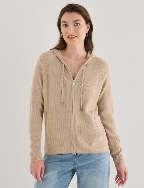 North South Merino Blend Ribbed Zip Thru Hoodie, Biscuit Melange product photo View 06 L