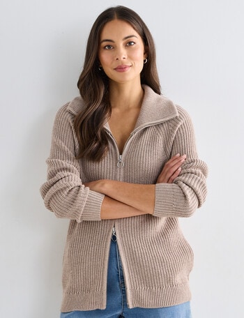 North South Merino Blend Funnel Neck Zip Up Jumper, Tweed Marle product photo