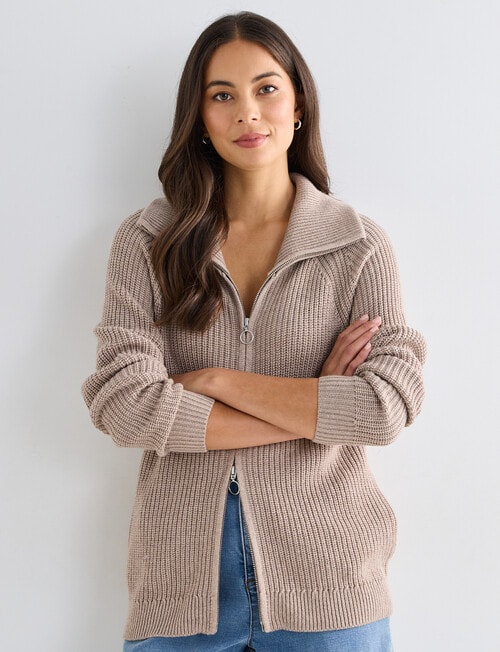 North South Merino Blend Funnel Neck Zip Up Jumper, Tweed Marle product photo