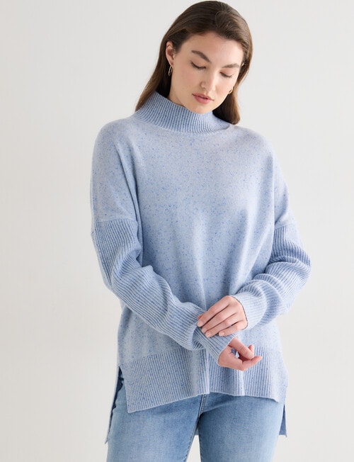 North South Merino Mock Neck Rib Nep Yarn Sweater, Blue Marle product photo View 06 L