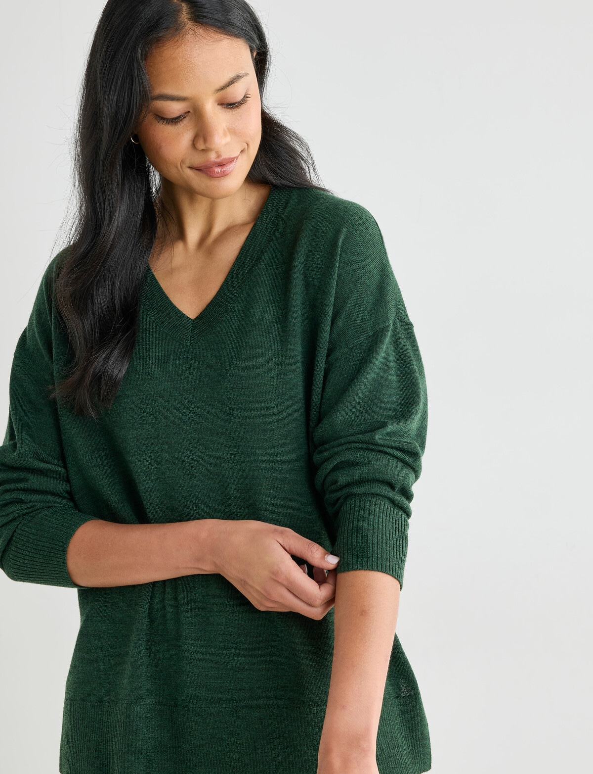 North South Merino V-Neck Sweater, Dark Forest - Knitwear
