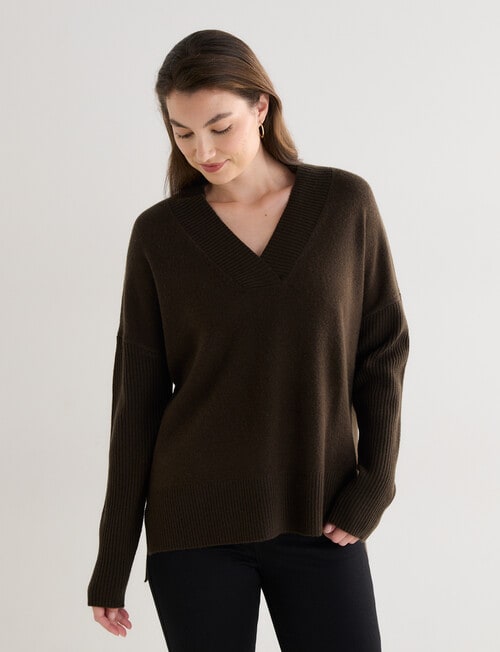 North South Merino V-Neck Rib Sweater, Dark Olive product photo View 07 L