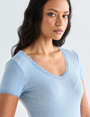 Essence Thermals Merino Cotton Lace Trim Short Sleeve Top, Light Blue, 10-18 product photo